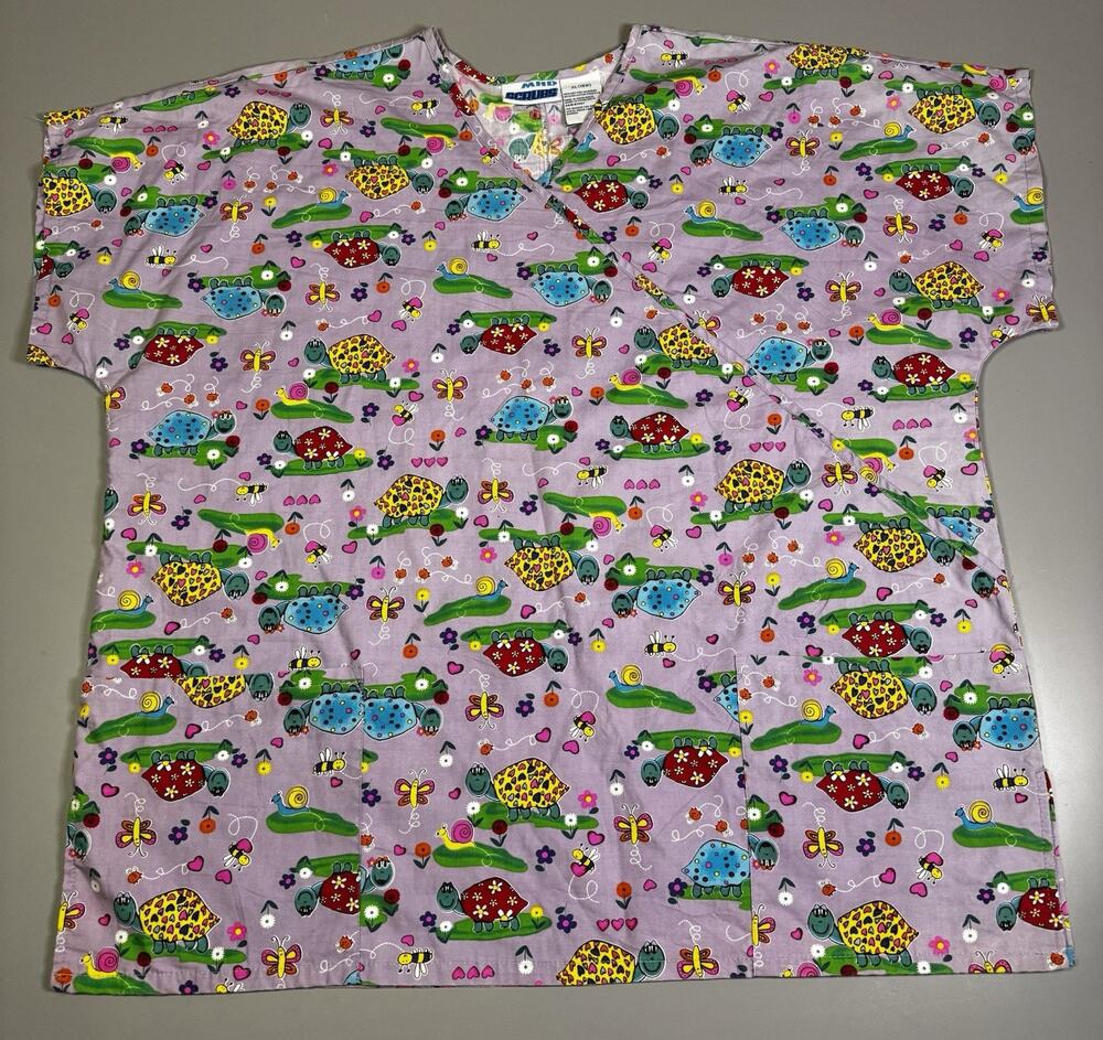 MHD Scrub XL (18W) Turtle Snail Bee Butterfly Print Top - Colorful V-Neck
